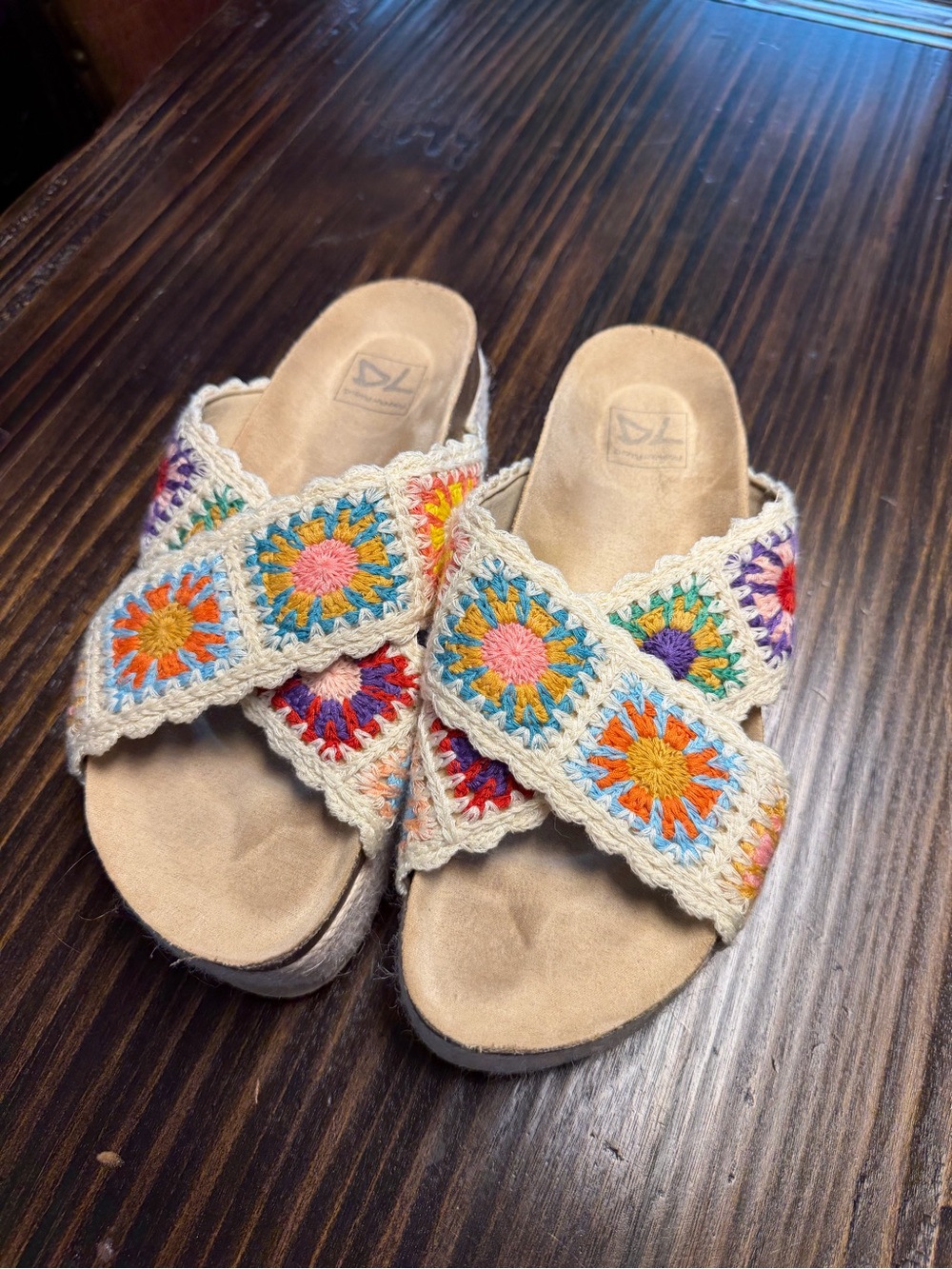Chinese Laundry Crochet Multicolor Slide Sandals - Cream with Rainbow Squares